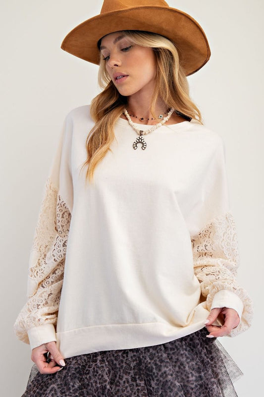 EASEL Lace Sleeve Pullover Ivory