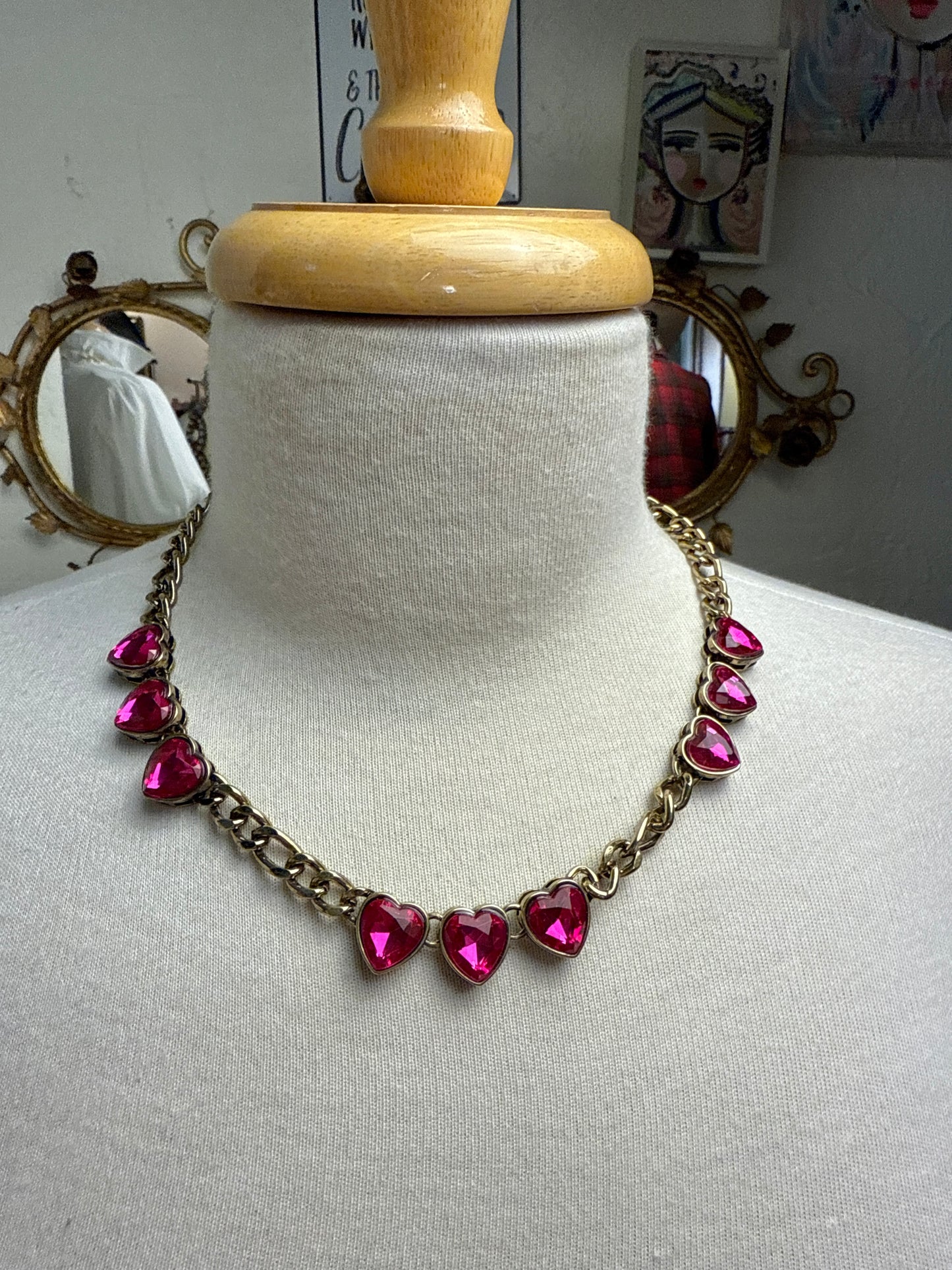 Hot Pink Stone Triple Heart Necklace