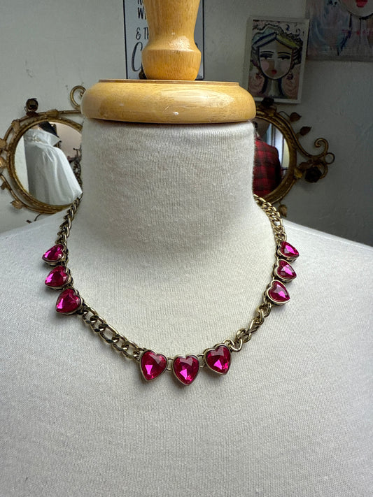 Hot Pink Stone Triple Heart Necklace