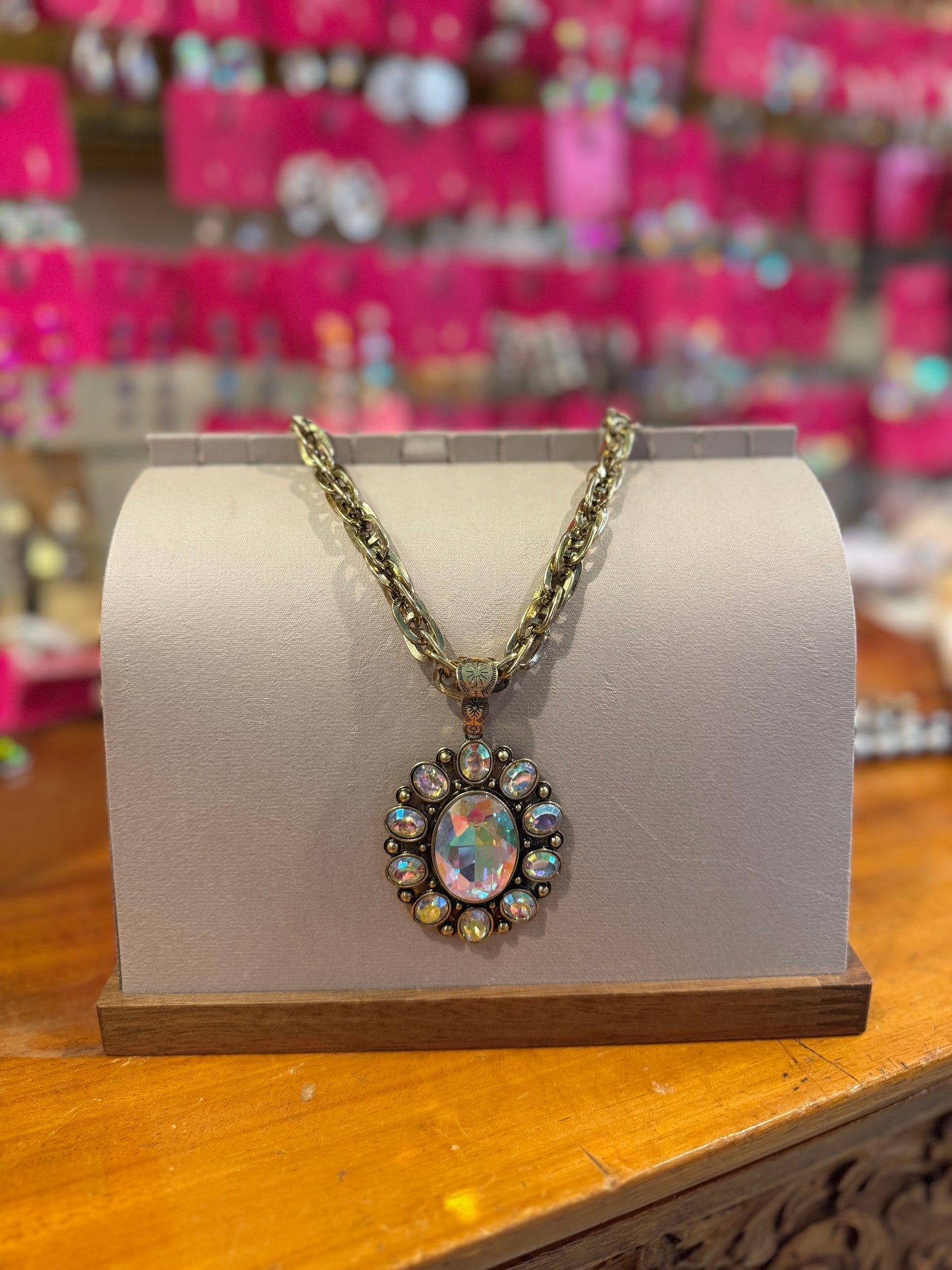 Antique Style AB Stone Burnished Gold Chain Necklace