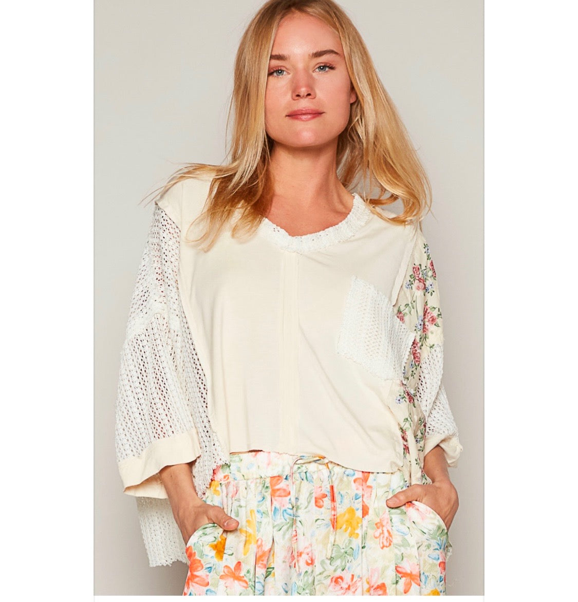 POL crochet cream floral patch top