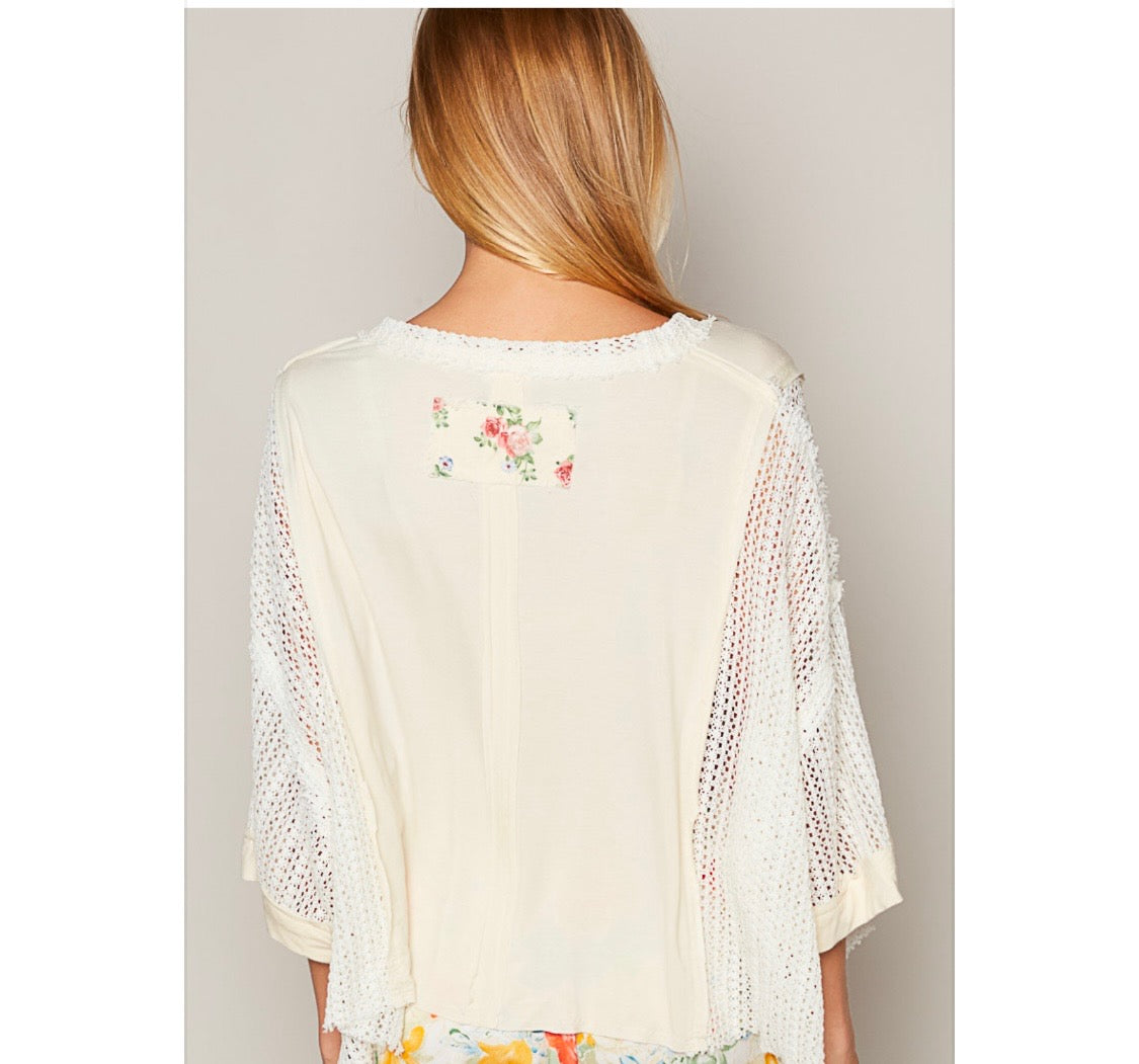 POL crochet cream floral patch top