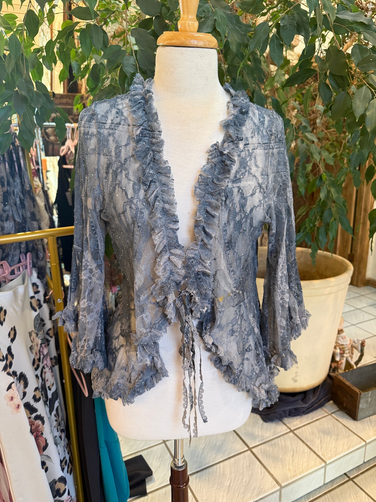 ORIGAMI Denim Lace Cardigan with Ties and Ruffles