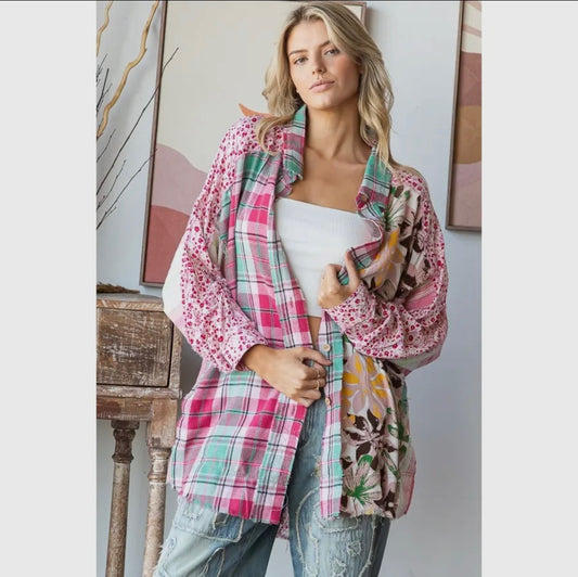 Oli & Hali Multi-Fabric Button Top
