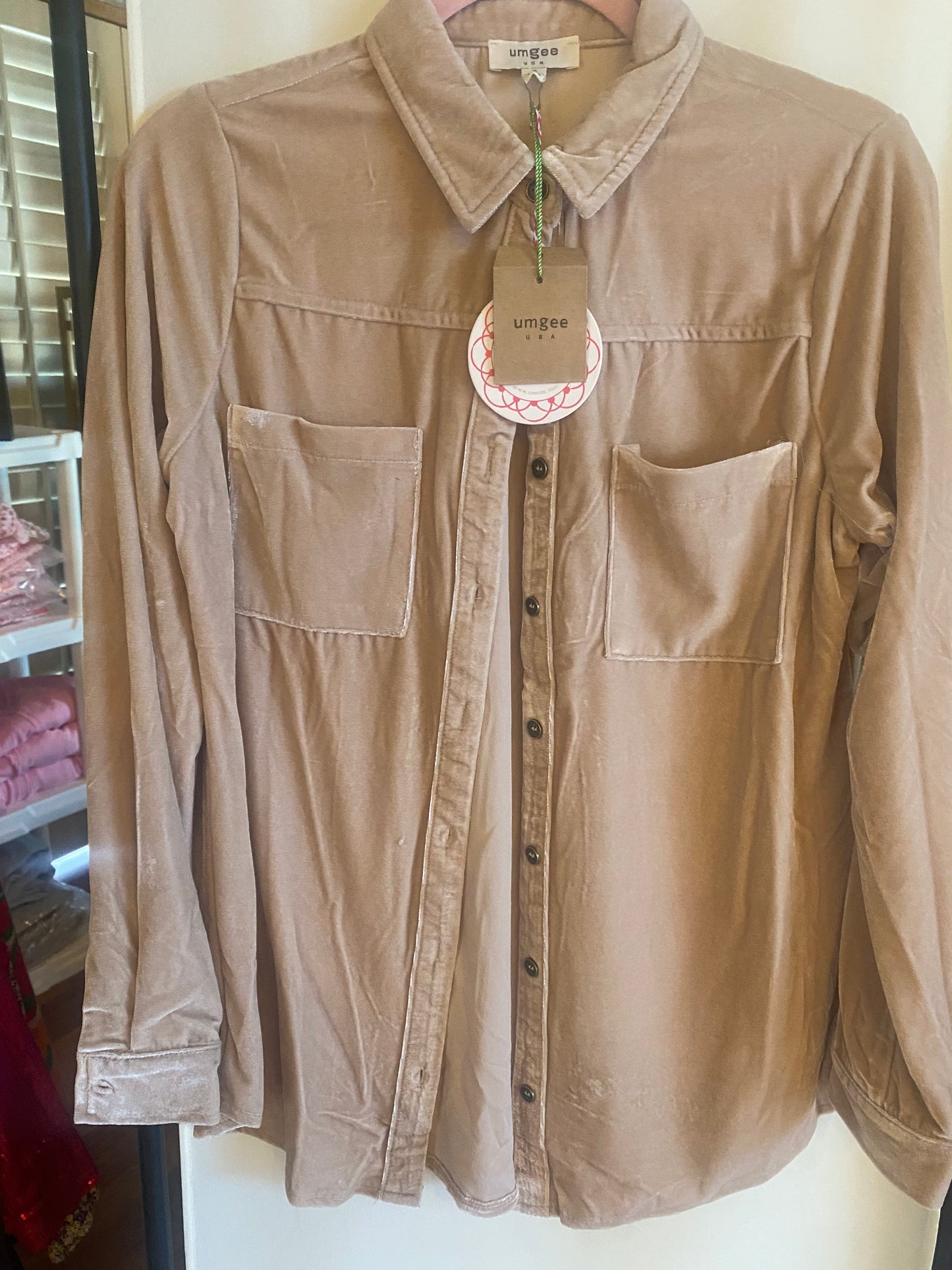 UMGEE champagne velvet button shirt