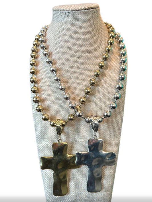 Hammered Cross on Ball Chain Necklace