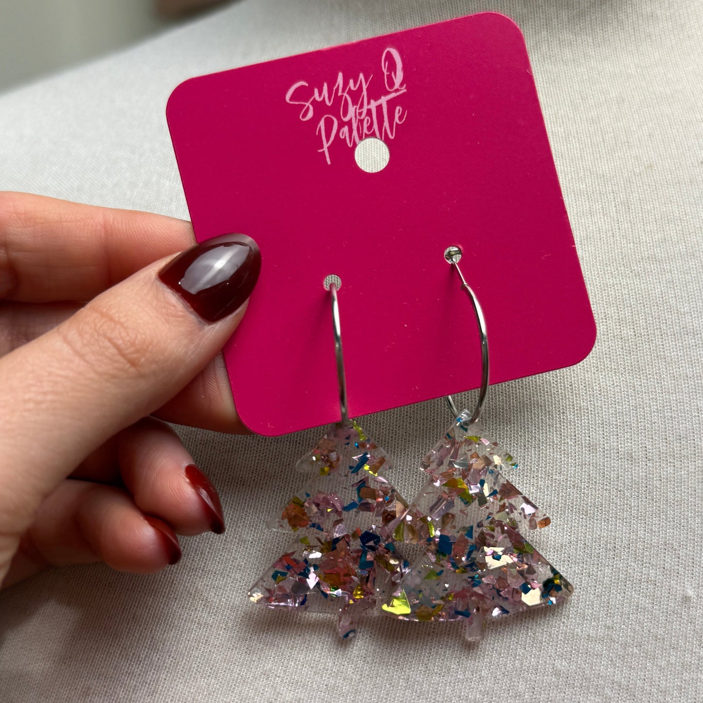 Pink Christmas Tree Earrings