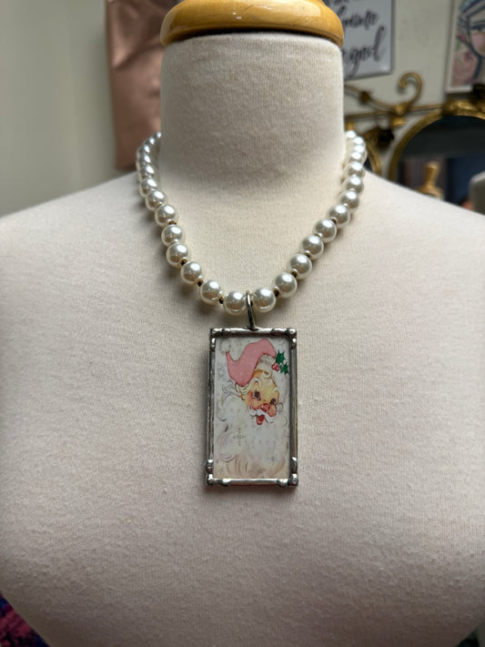 Pink Vintage Santa Christmas Necklace
