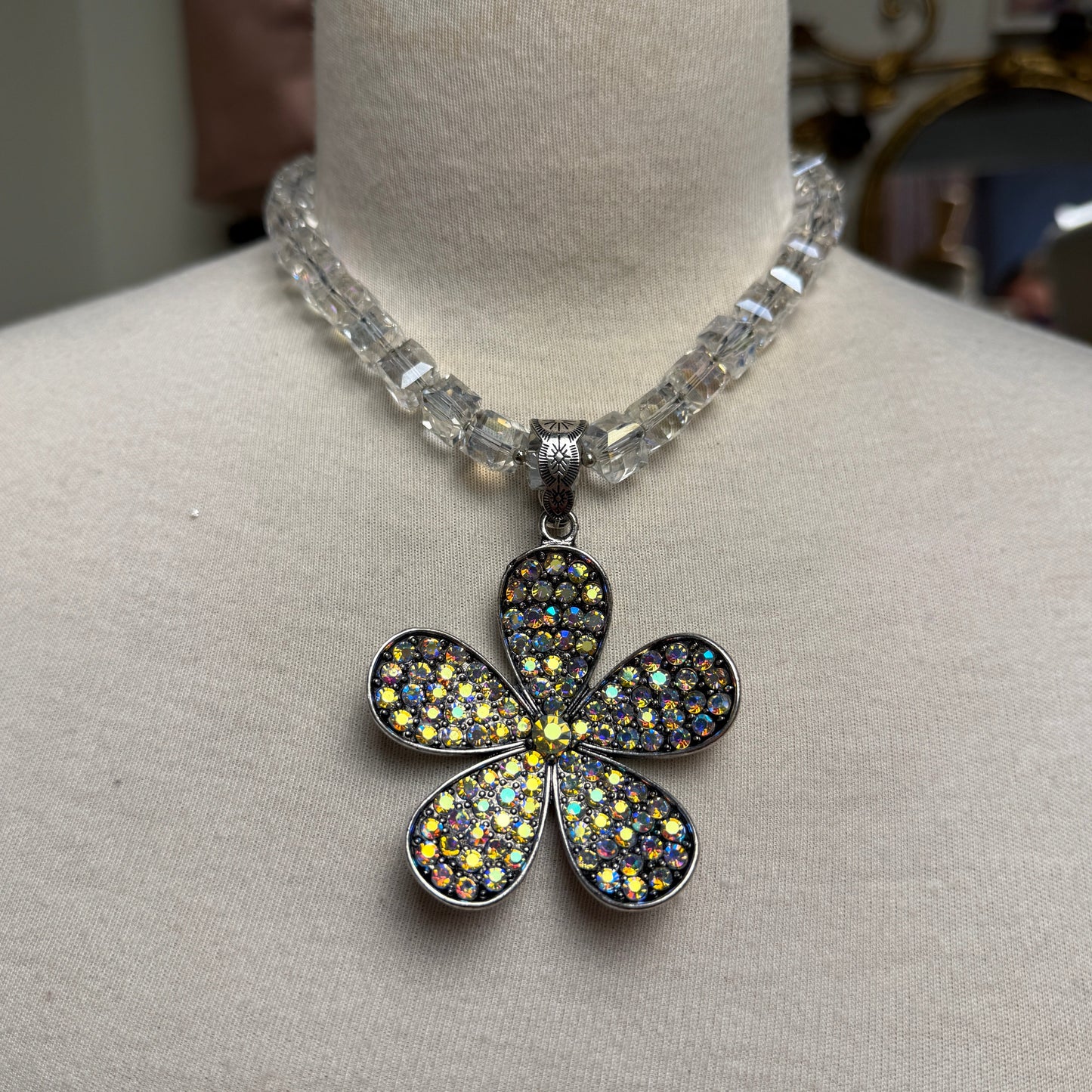 AB Stone Flower Pendant on Clear Cube Magnetic Closure Necklace