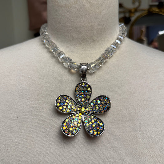 AB Stone Flower Pendant on Clear Cube Magnetic Closure Necklace