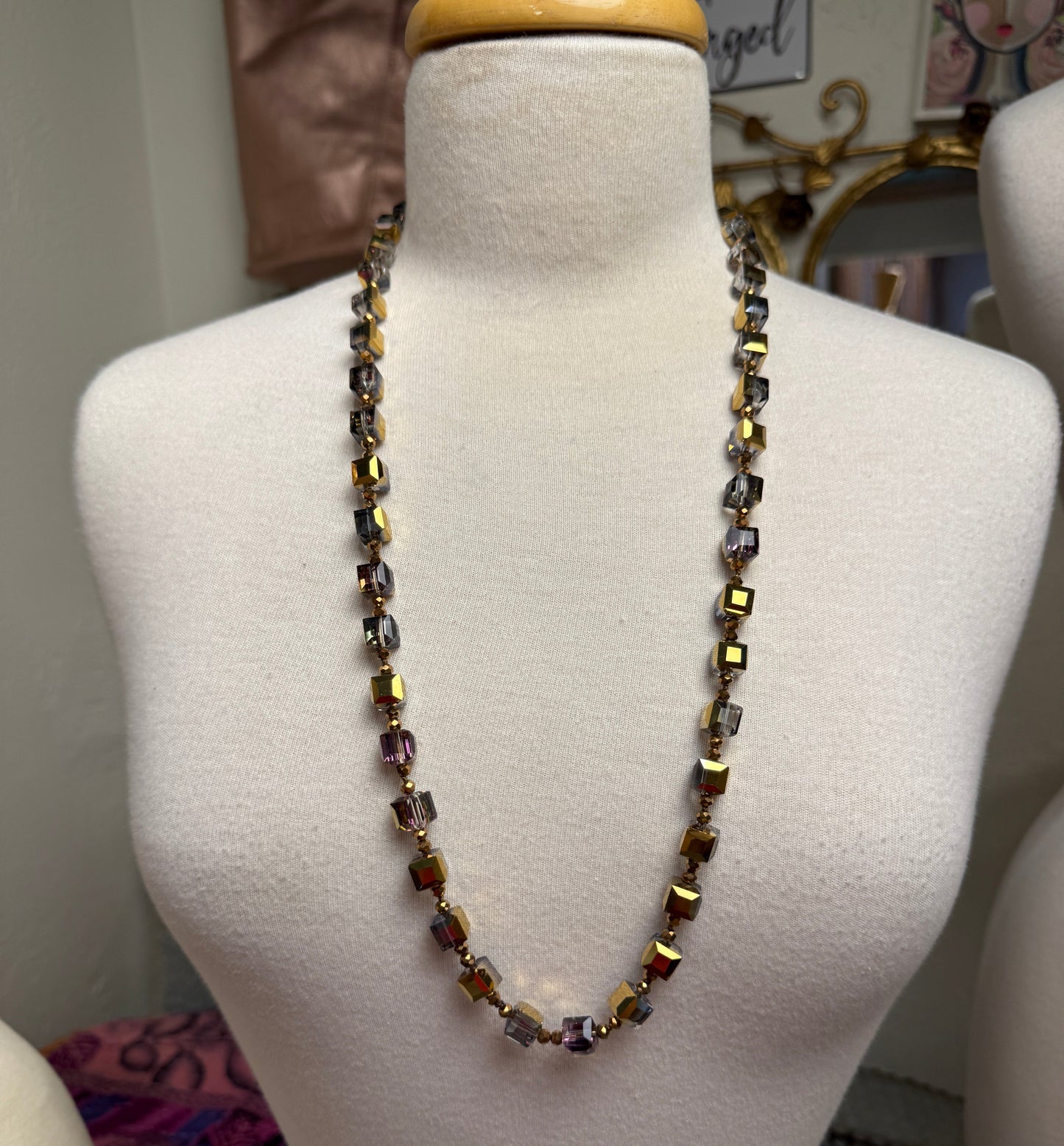 Golden Long Cube Necklace