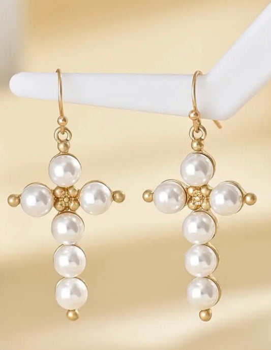 Pearl Cross Earrings Gold