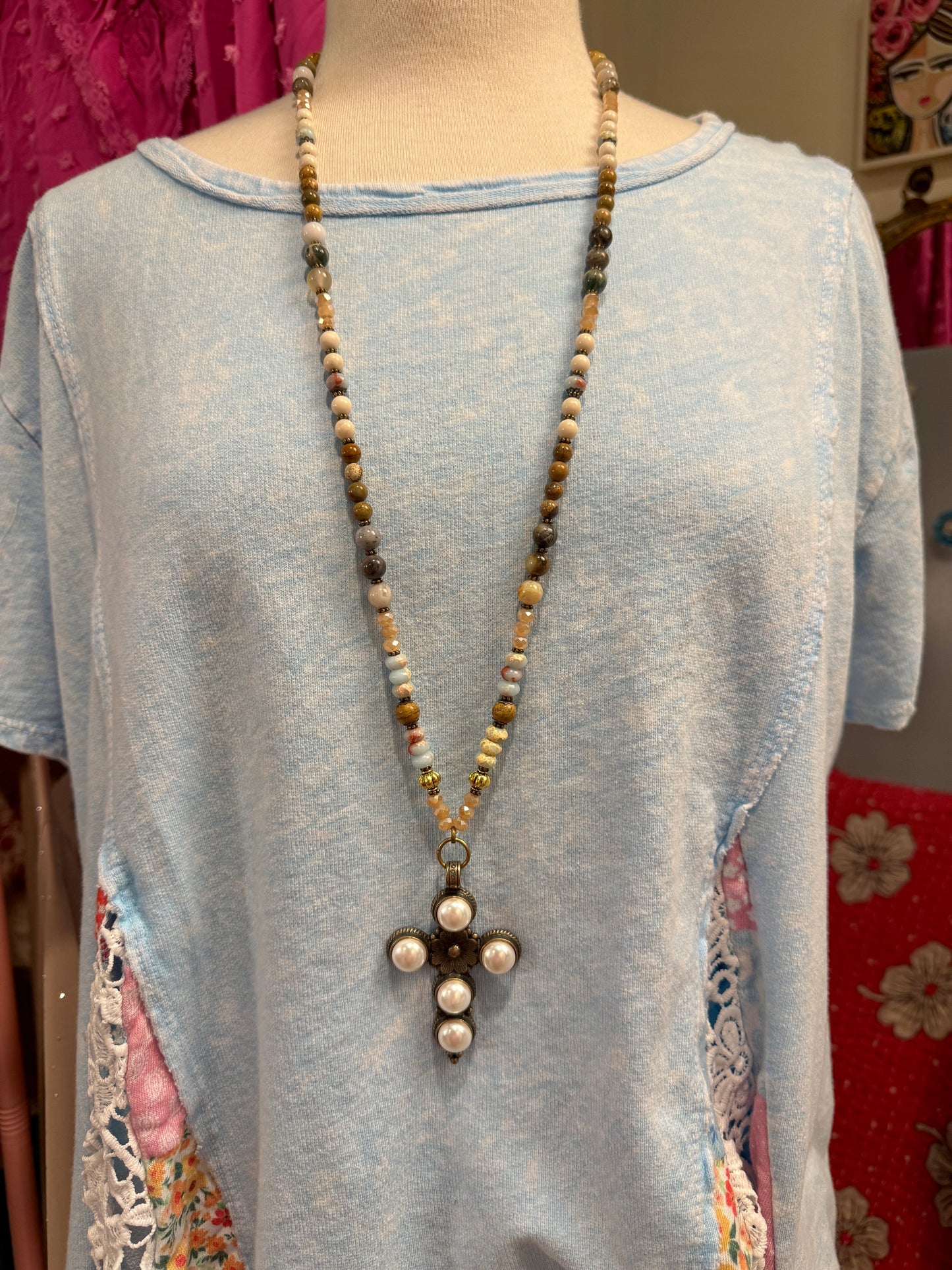 Pearl Inspired Cross Gemstone Necklace
