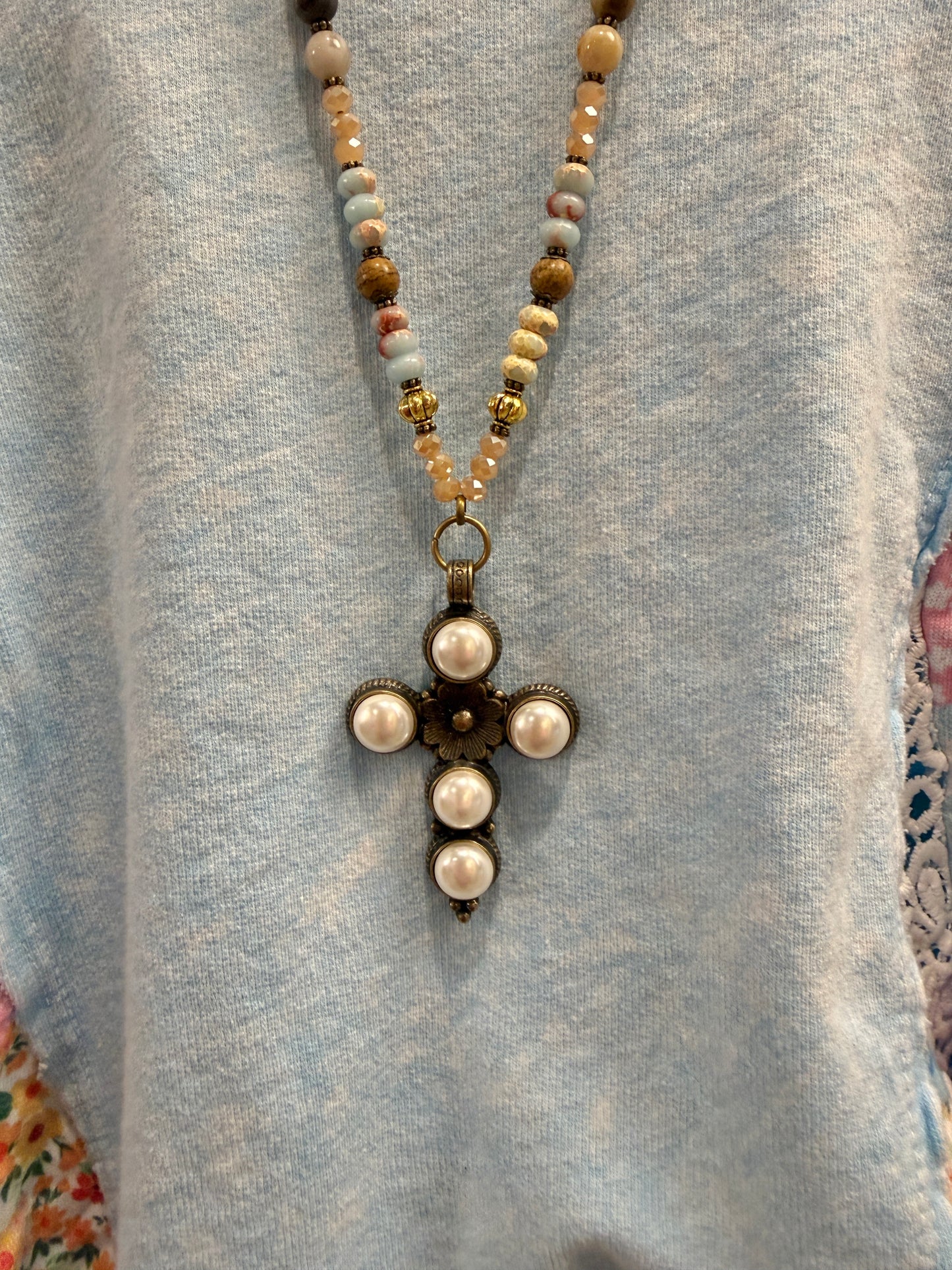 Pearl Inspired Cross Gemstone Necklace