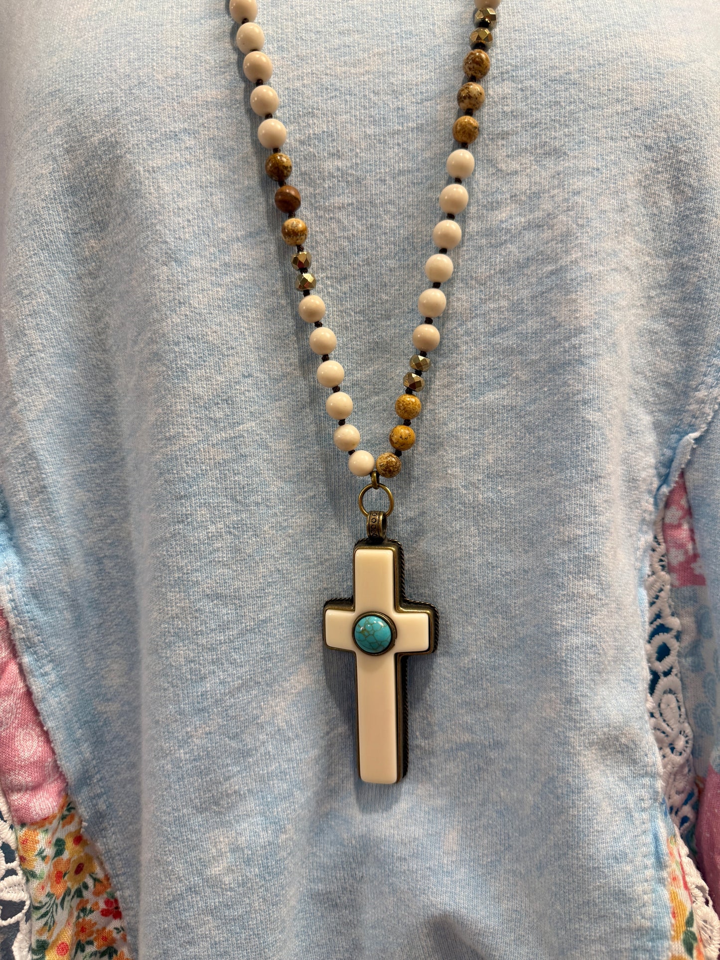 Cross with Howlite Turquoise Gemstone Necklace
