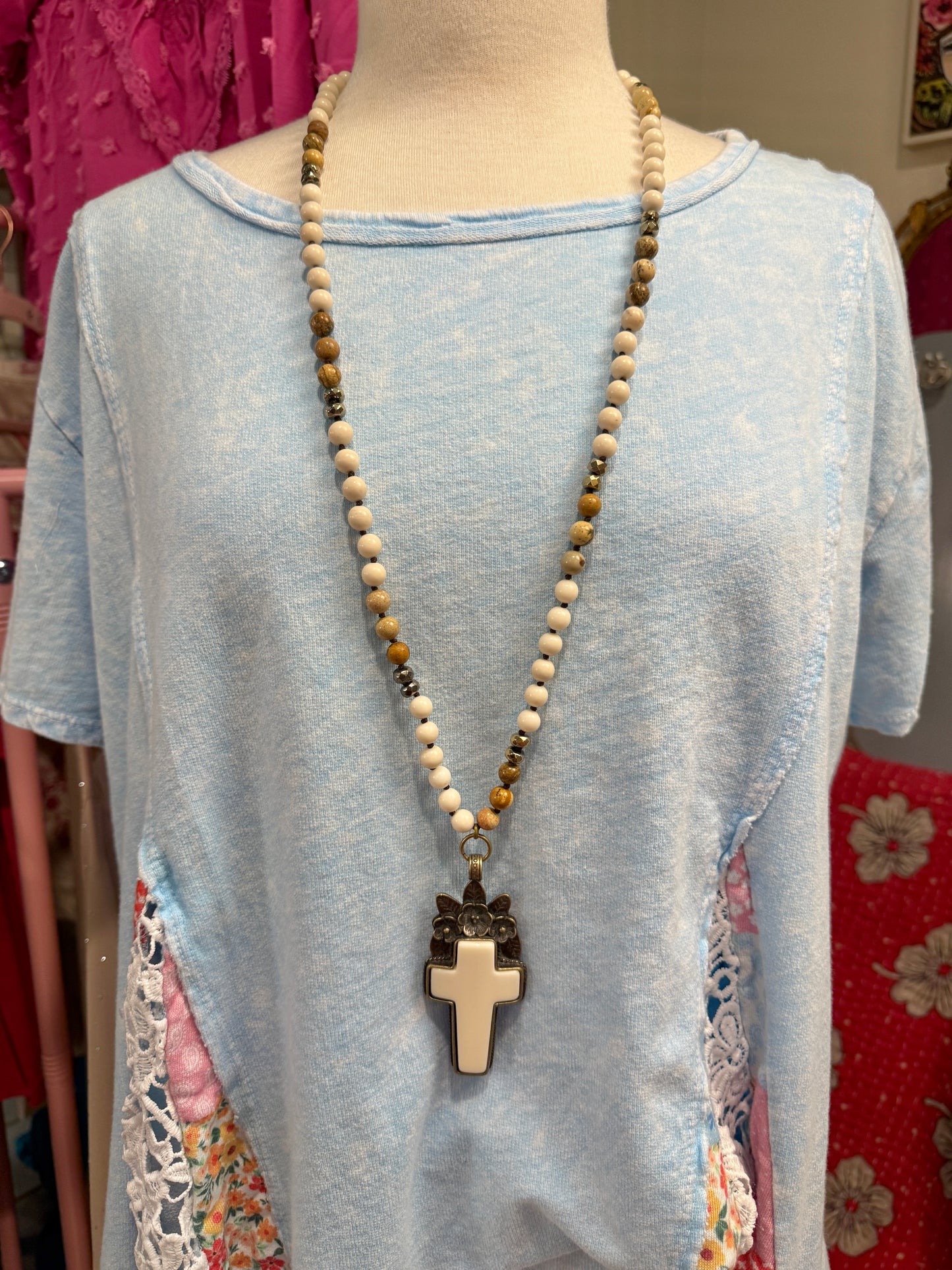 Floral Cross Gemstone Necklace
