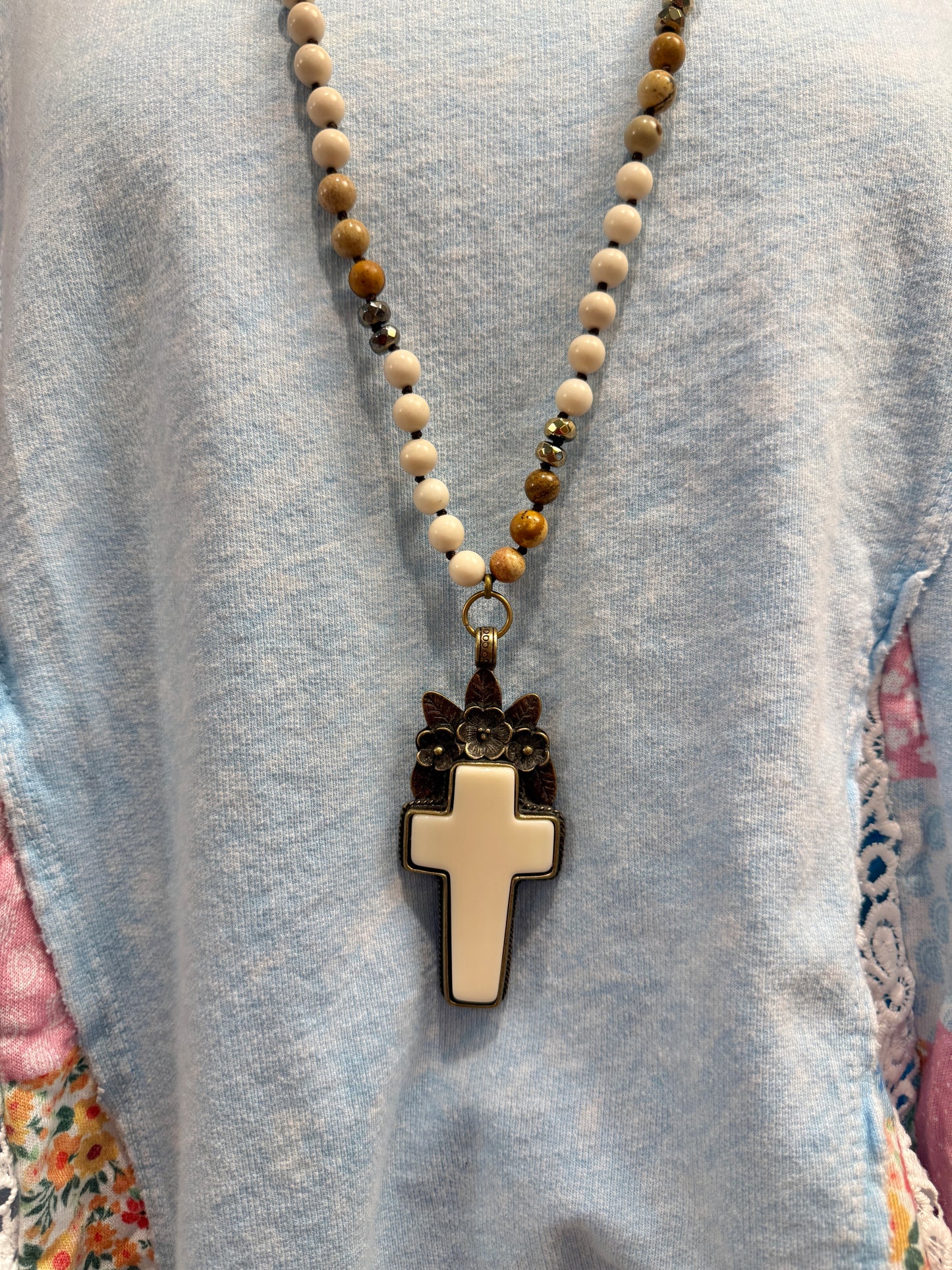 Floral Cross Gemstone Necklace