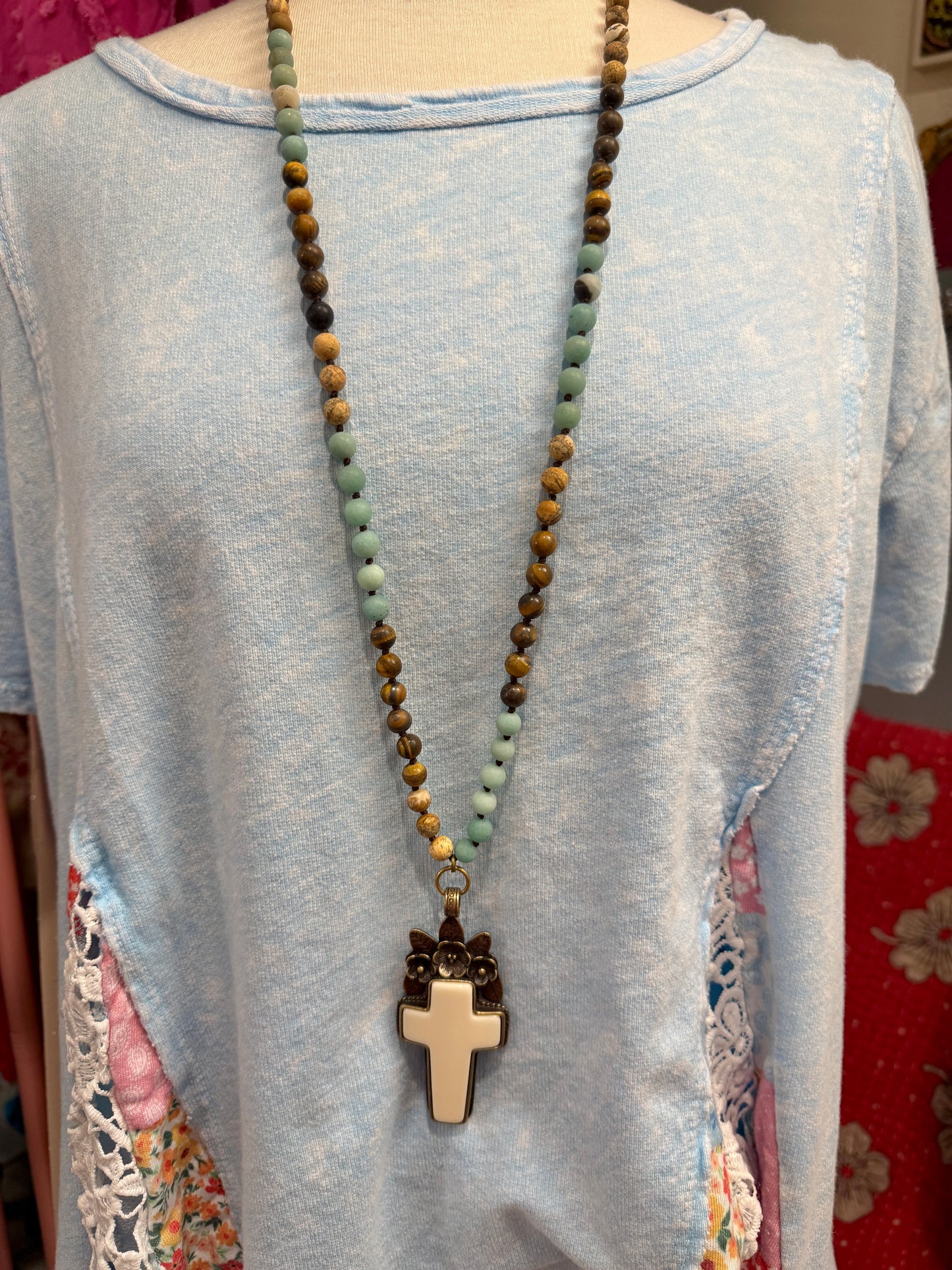 Floral Cross Gemstone Necklace