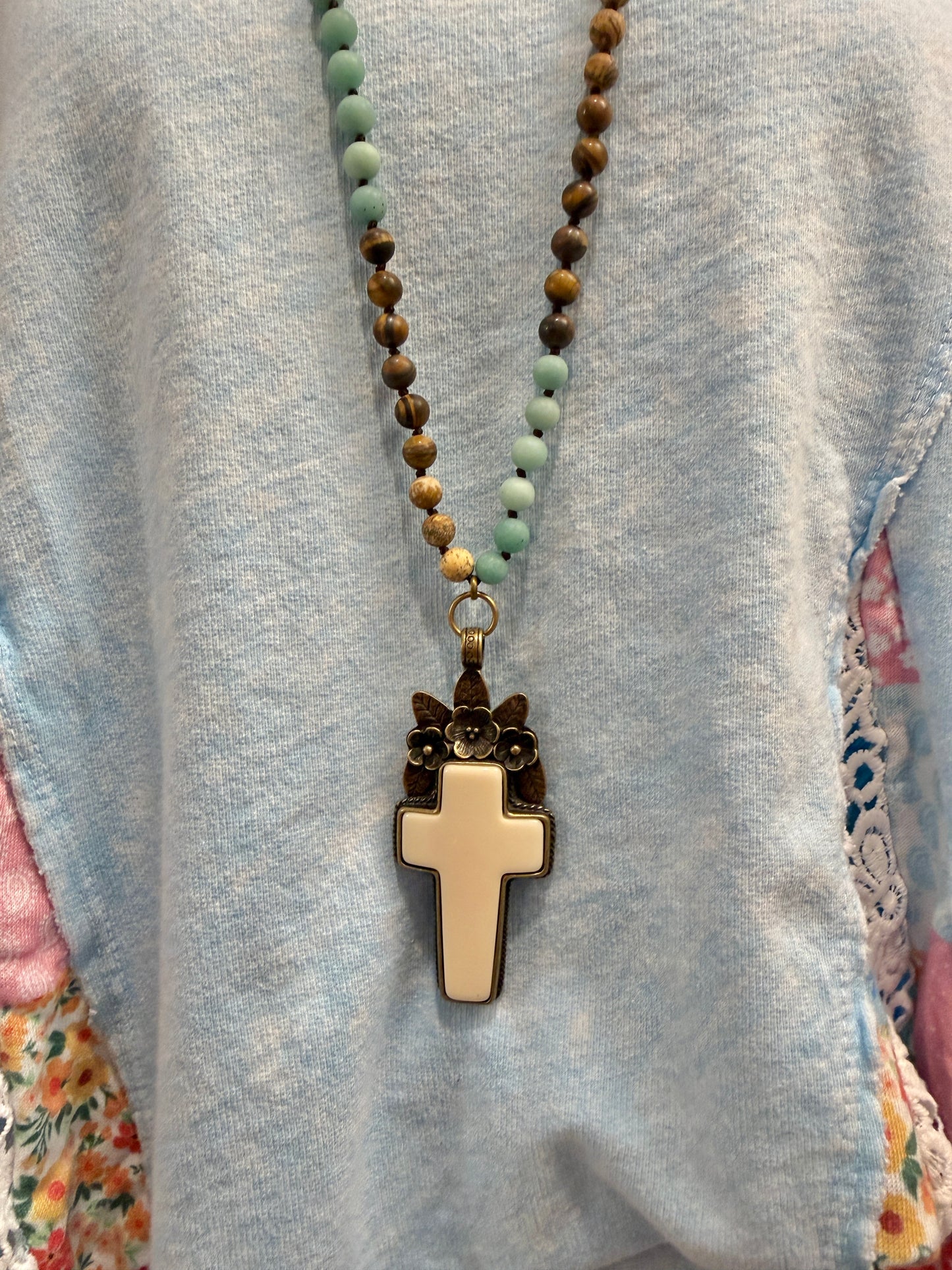 Floral Cross Gemstone Necklace