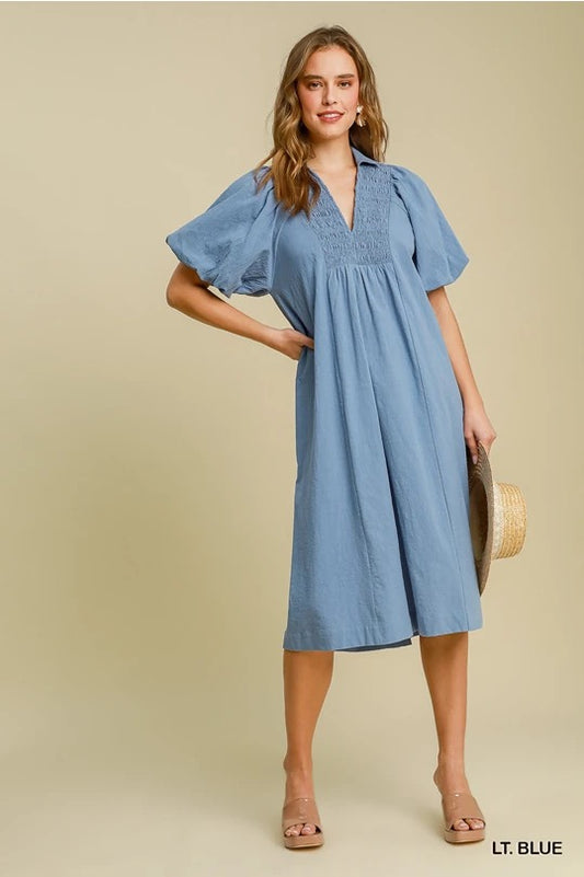 UMGEE Smocked Denim Midi Dress
