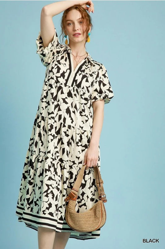 UMGEE Black and Cream Midi Pattern Dress