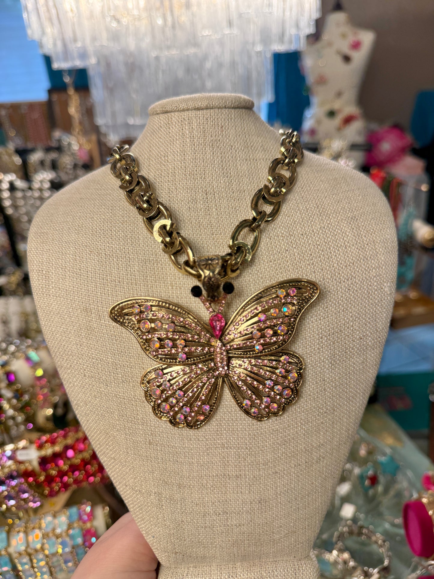 Pink Butterfly on Gold Chain Necklace