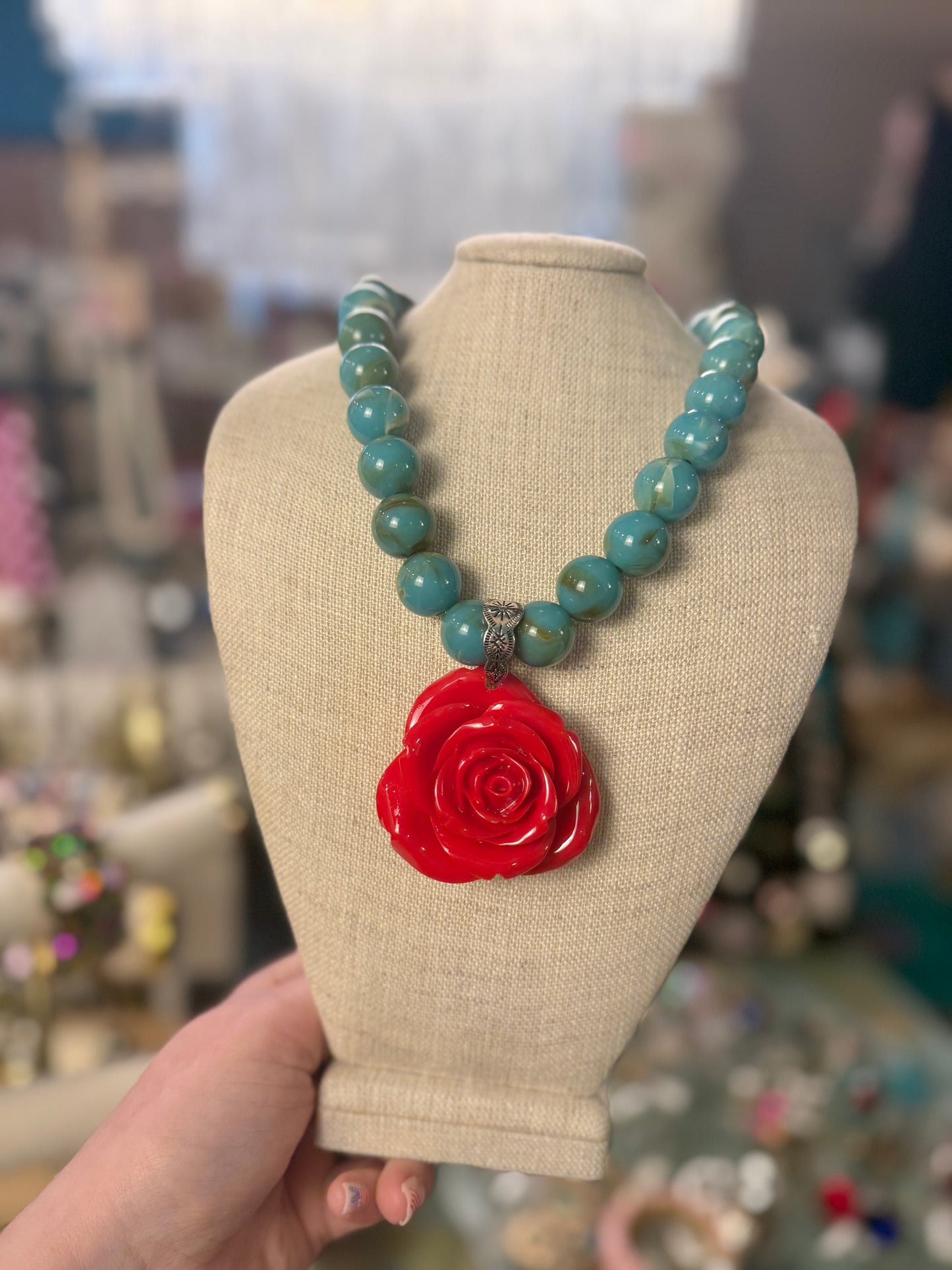 Turquoise Marble Red Resin Rose Necklace