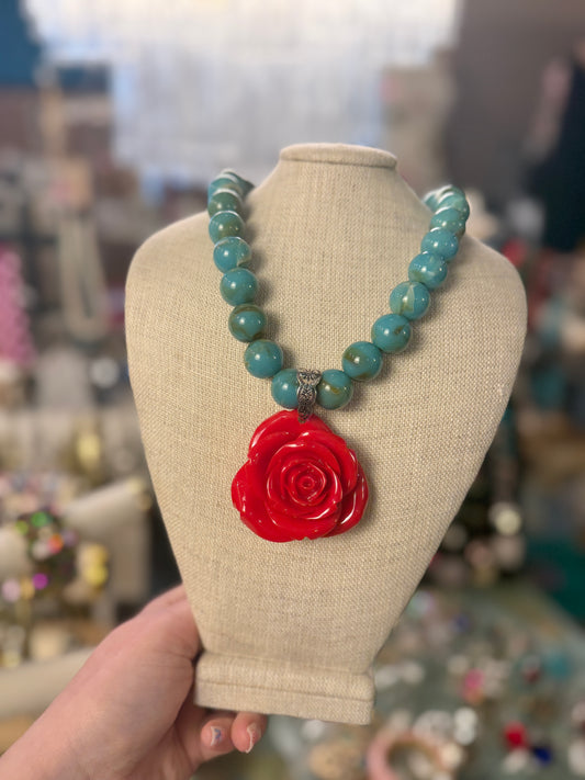 Turquoise Marble Red Resin Rose Necklace