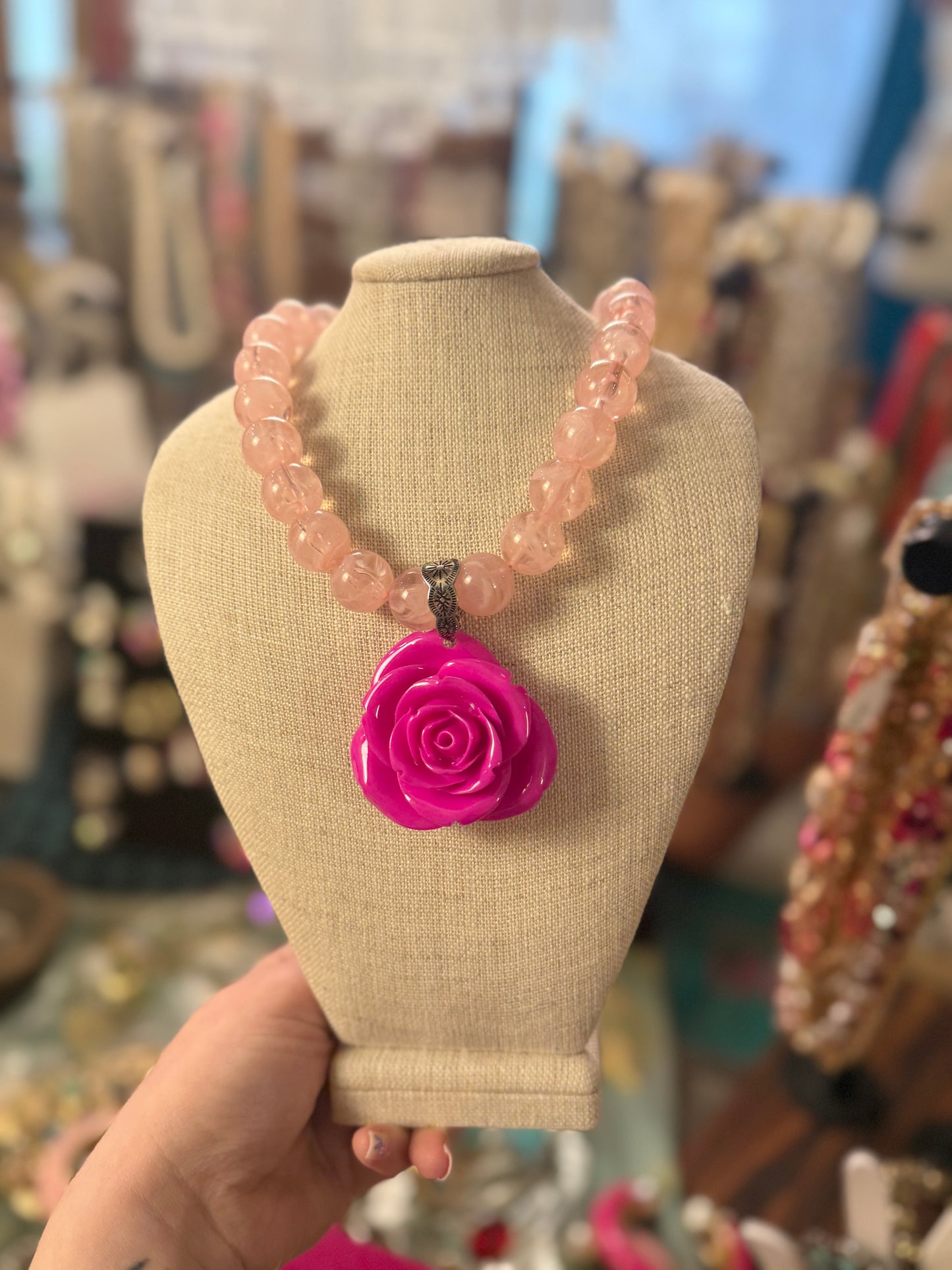Pink Marble Resin Rose Necklace