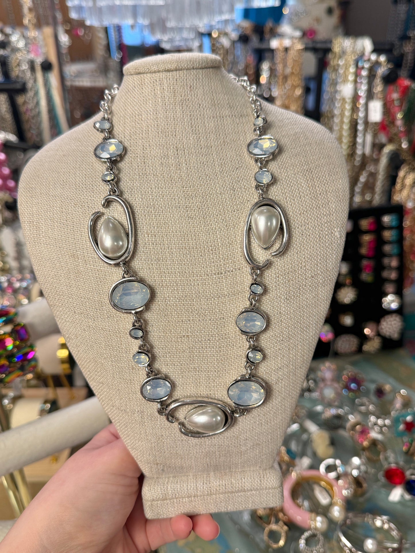 Silver Abstract Pearl and Opal Necklace