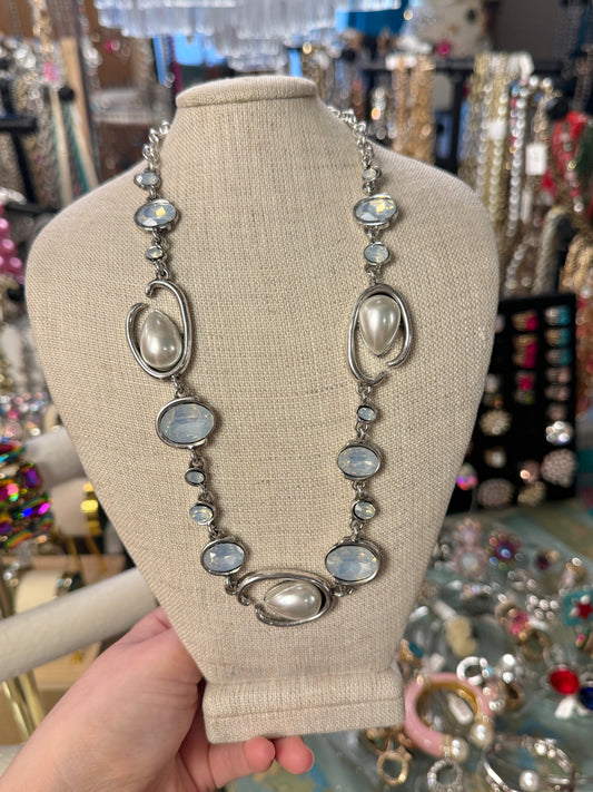Silver Abstract Pearl and Opal Necklace