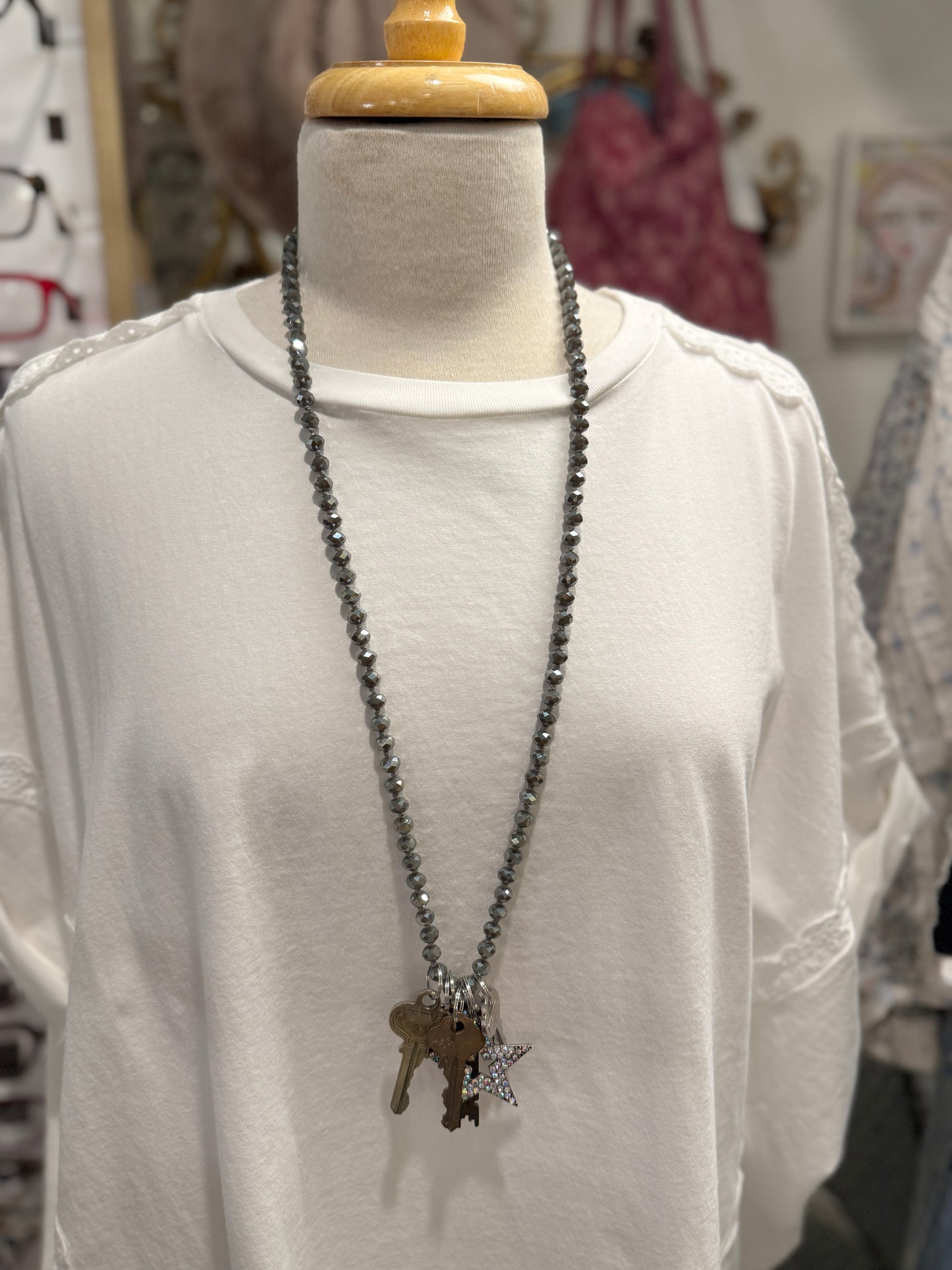 Grey Beaded Long Key Necklace