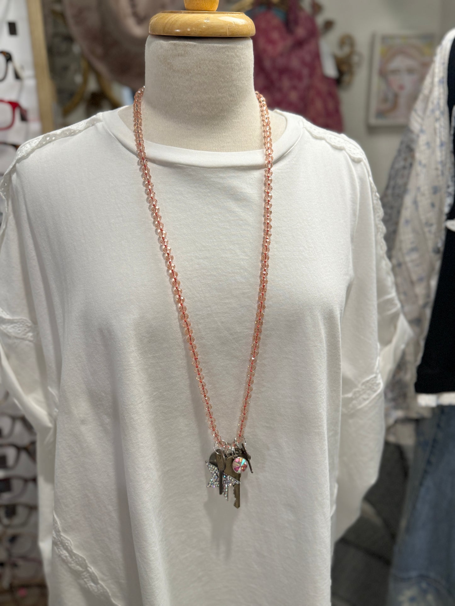 Pink Beaded Long Key Necklace