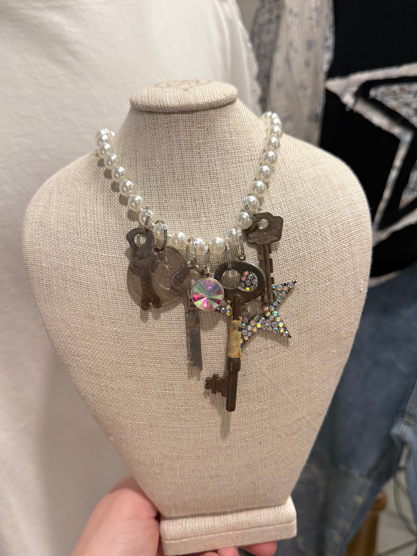 Pearl Beaded Long Key Necklace