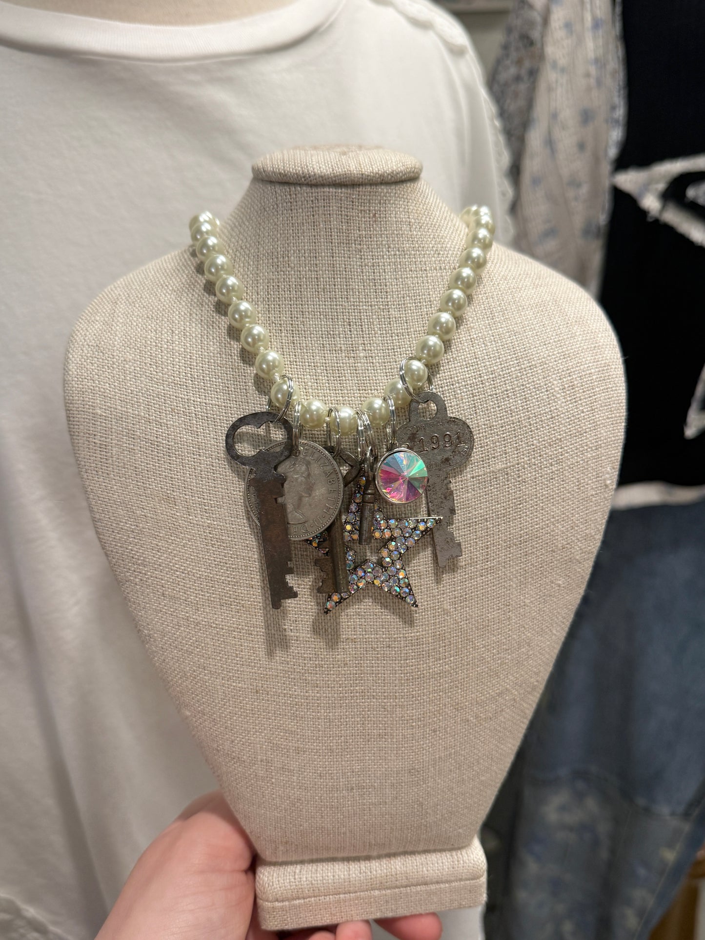 Pearl Beaded Long Key Necklace