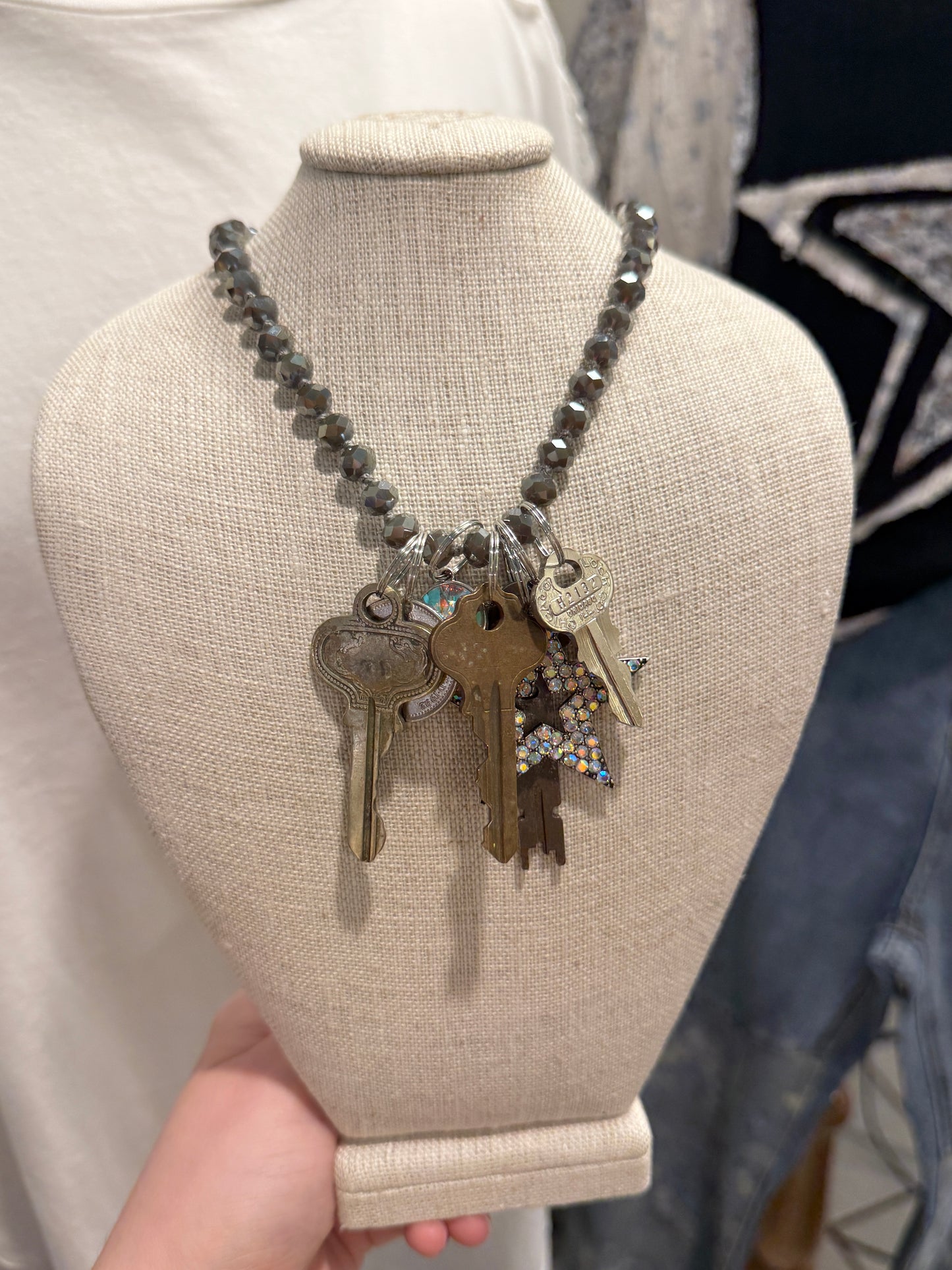 Grey Beaded Long Key Necklace