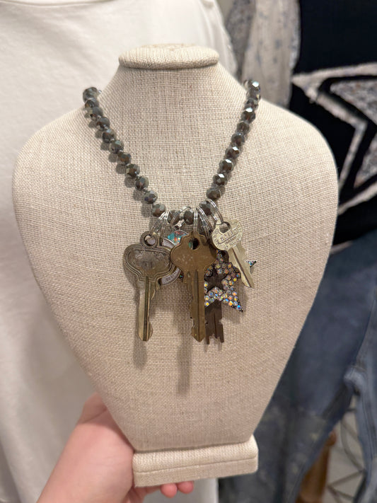 Grey Beaded Long Key Necklace