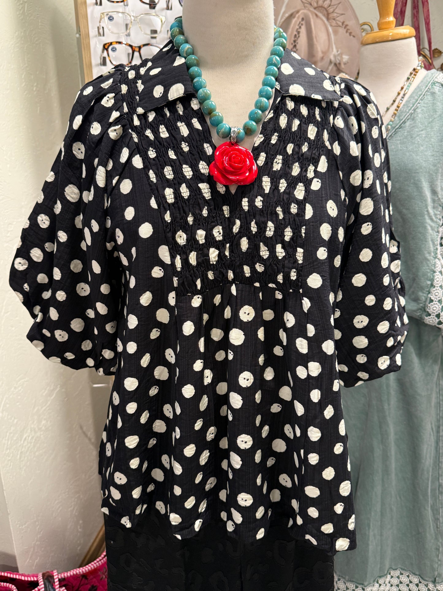 UMGEE Black Polka Dot Bubble Sleeve Top
