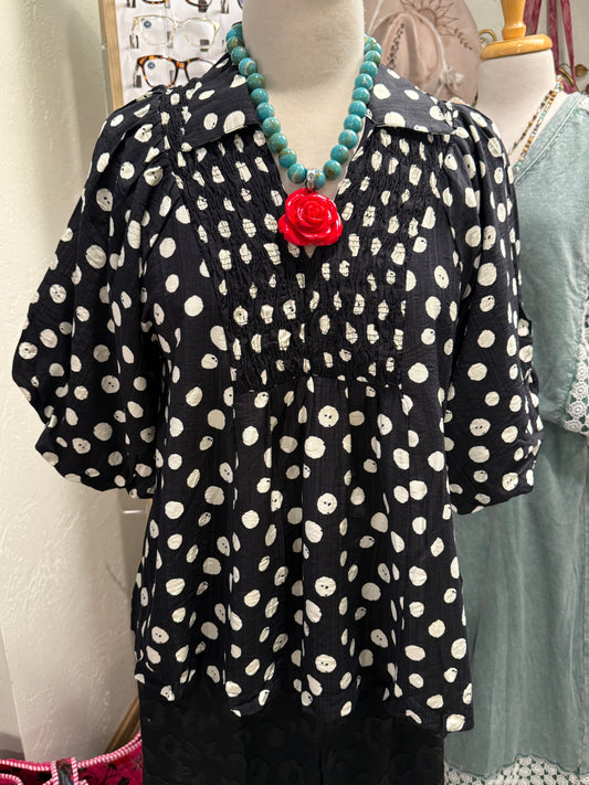 UMGEE Black Polka Dot Bubble Sleeve Top