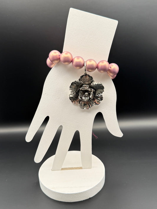 Pink Pearl Bracelet with Metal Flower