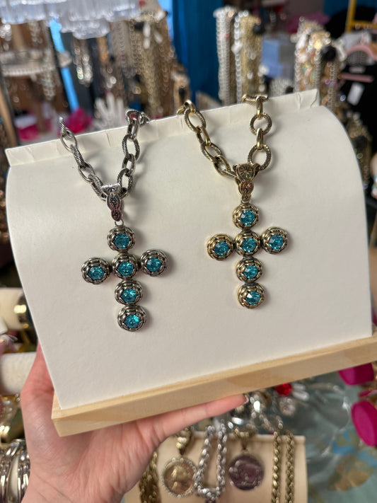 Blue Crystal Cross Necklace