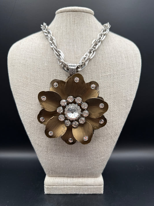 ALICE Large Hand Painted Metal Flower with Crystals Necklace