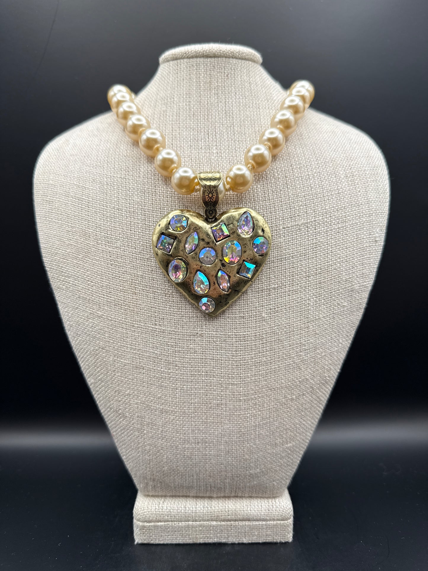 ALICE Gold AB Stone Heart on Champagne Pearl Necklace