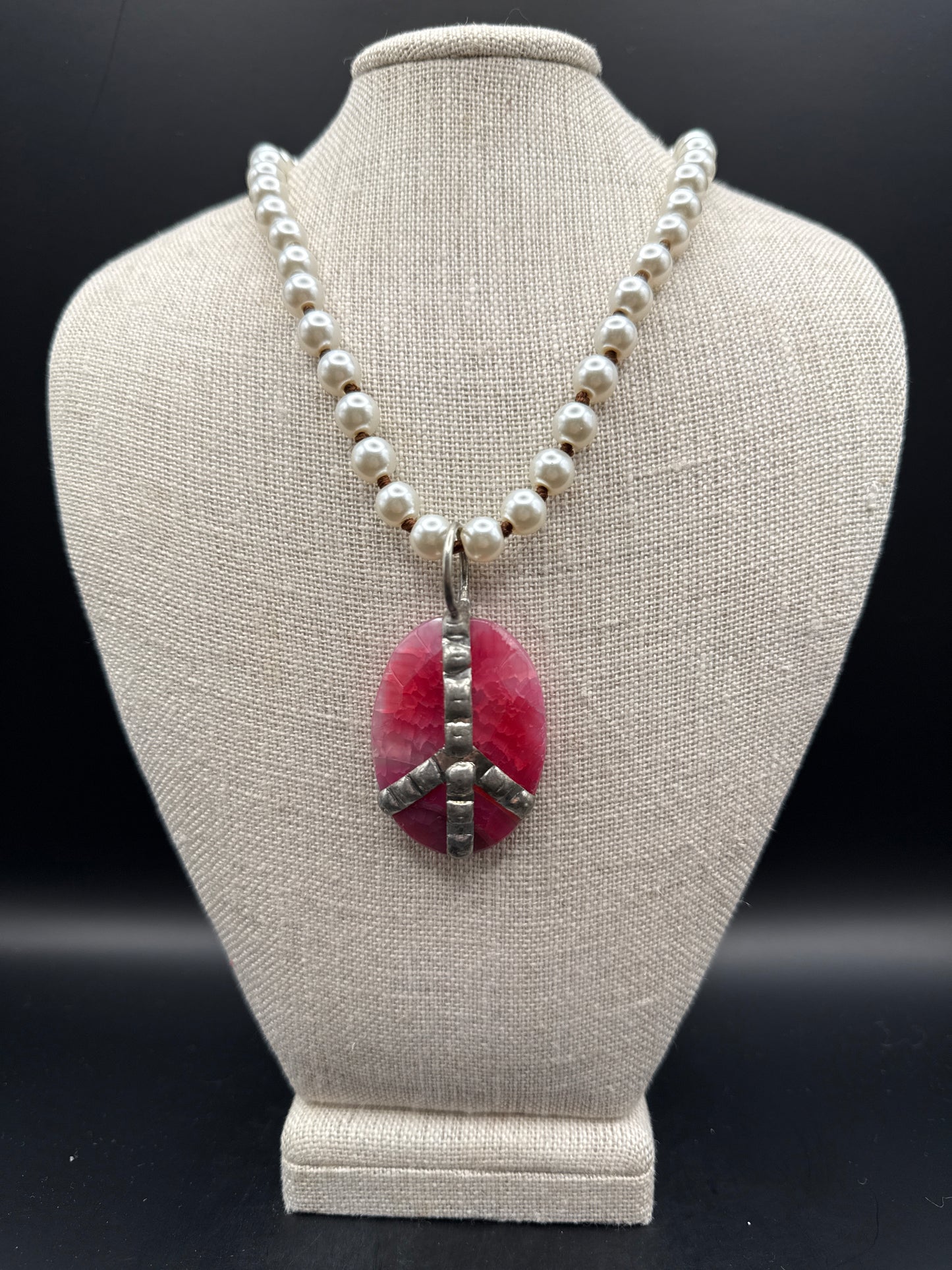 Hand Soldered Pink Peace Sign Pearl Necklace