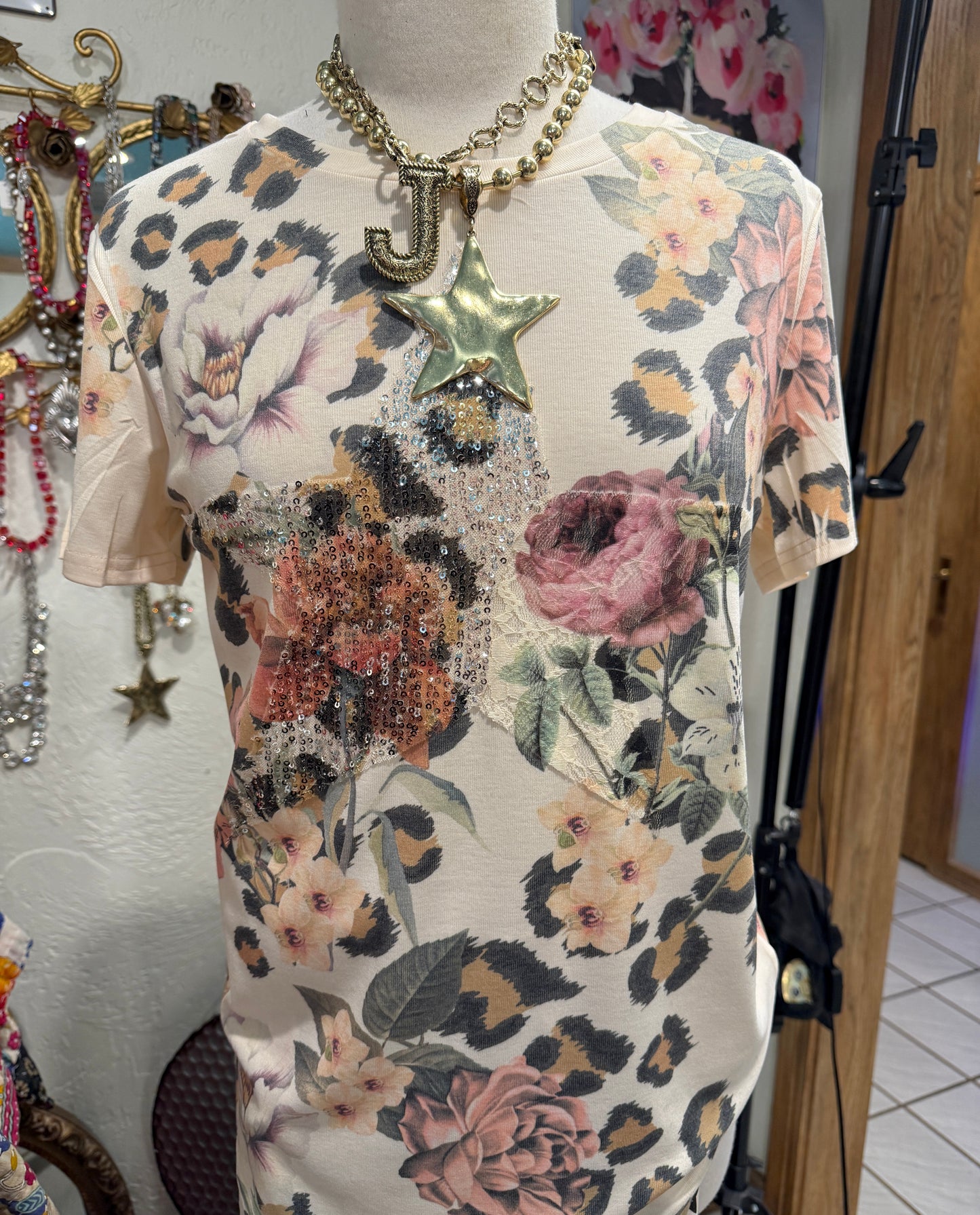 ORIGAMI Lace and Sequin Star Embellished Ultra Soft Tee Leopard Flower