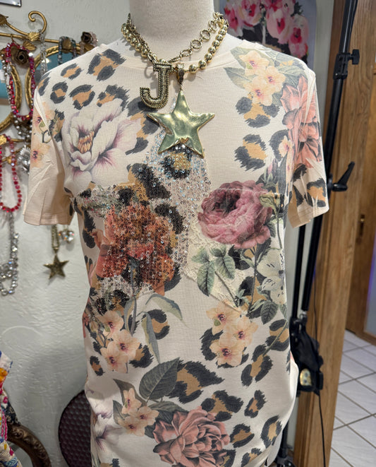ORIGAMI Lace and Sequin Star Embellished Ultra Soft Tee Leopard Flower