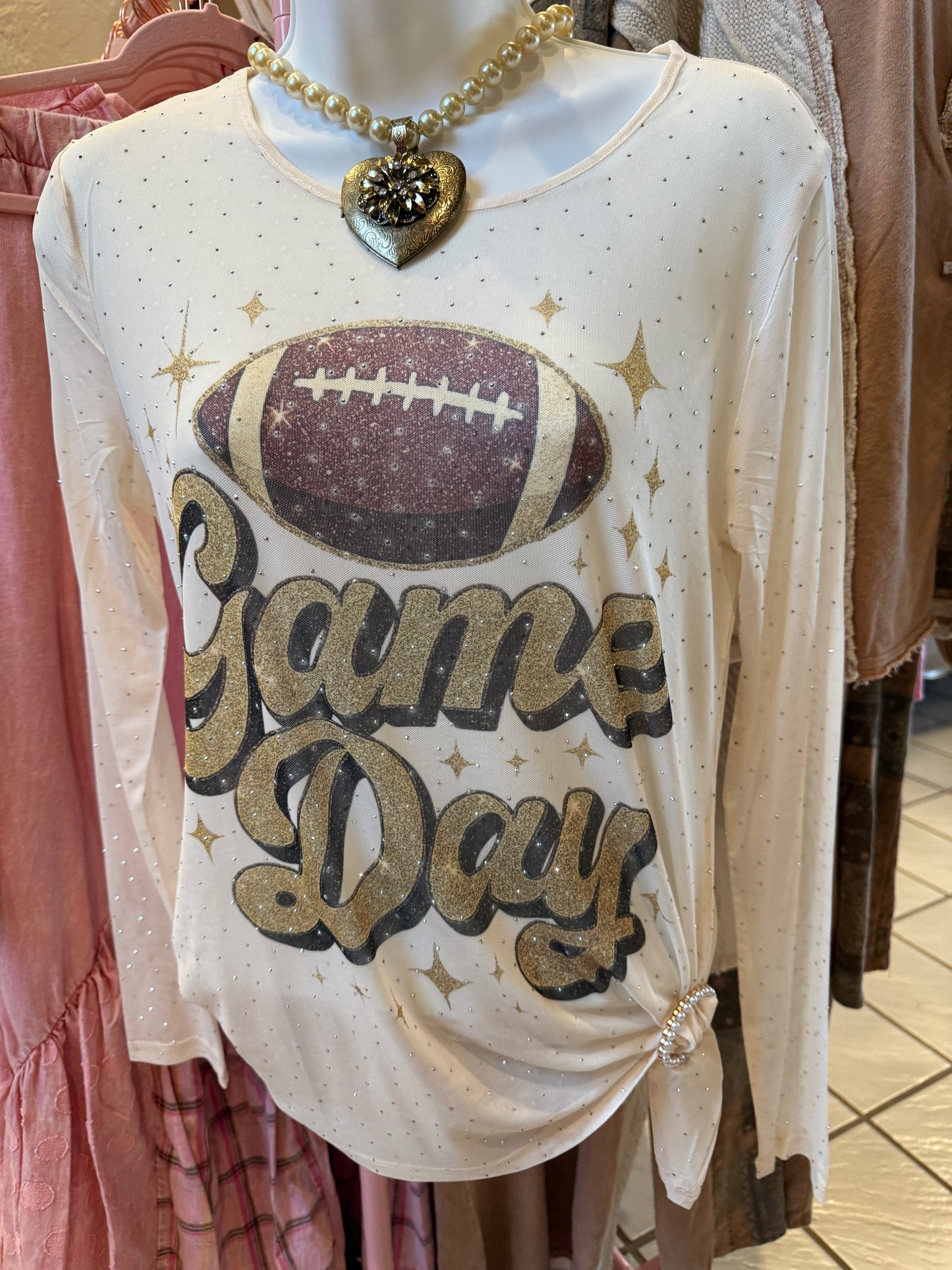 ORIGAMI Sparkly Sheer Mesh Top Gold Gameday