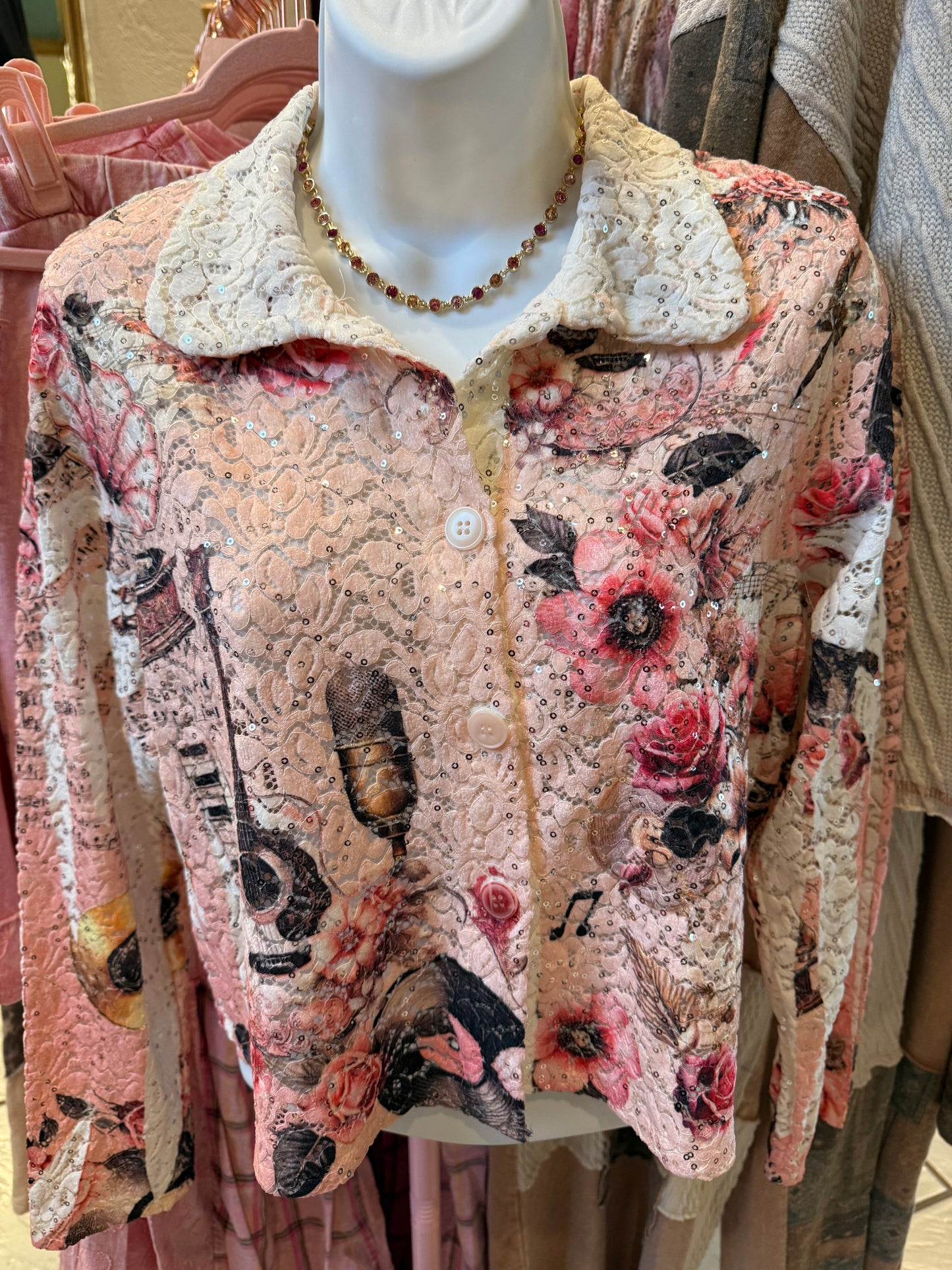 ORIGAMI Cropped Sequin Embellished Button-Up Jacket Pink Music