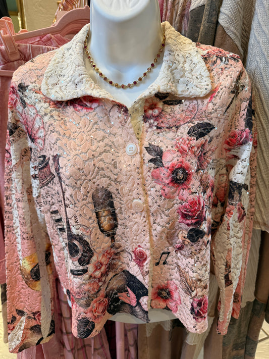 ORIGAMI Cropped Sequin Embellished Button-Up Jacket Pink Music