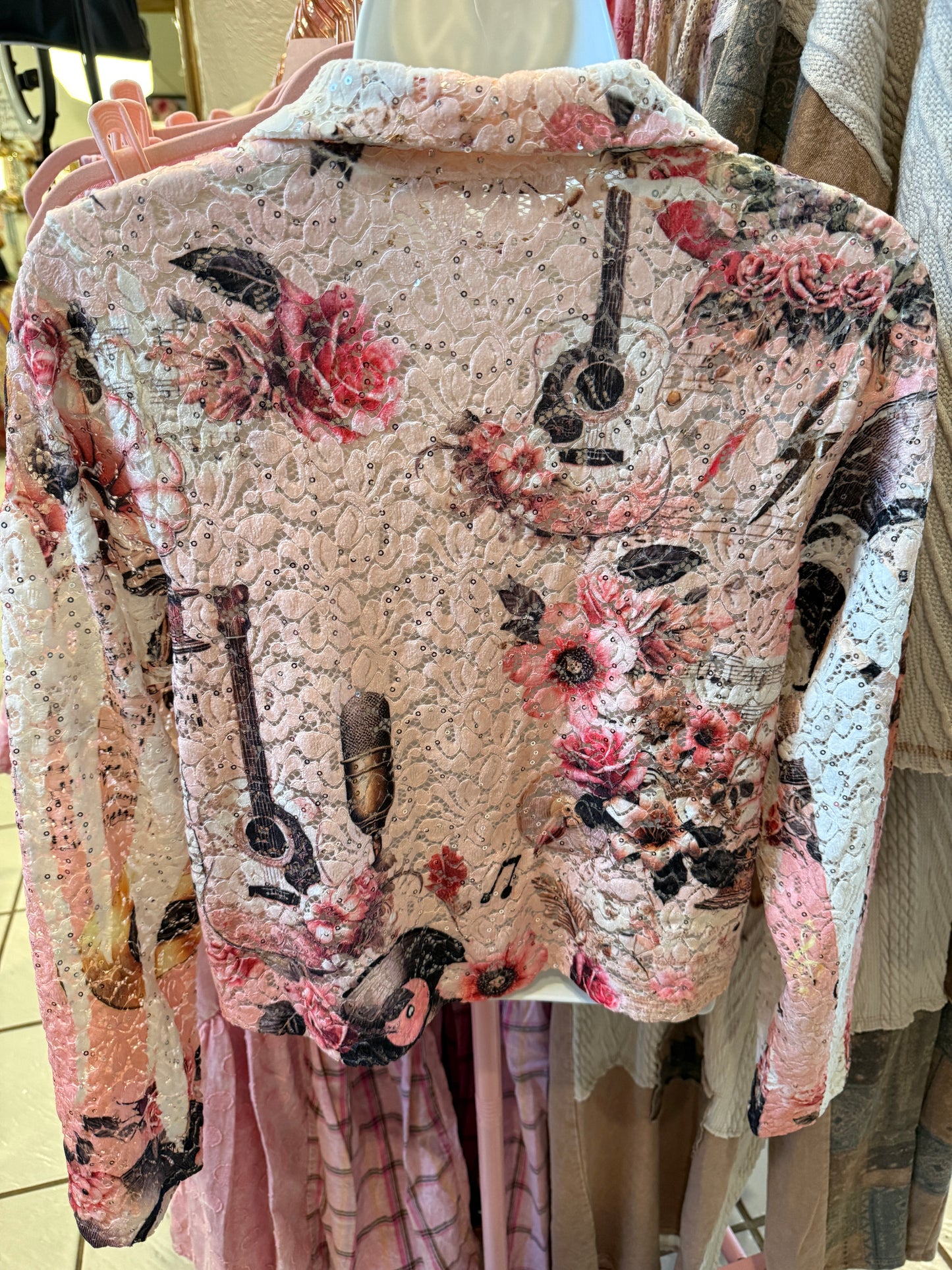 ORIGAMI Cropped Sequin Embellished Button-Up Jacket Pink Music